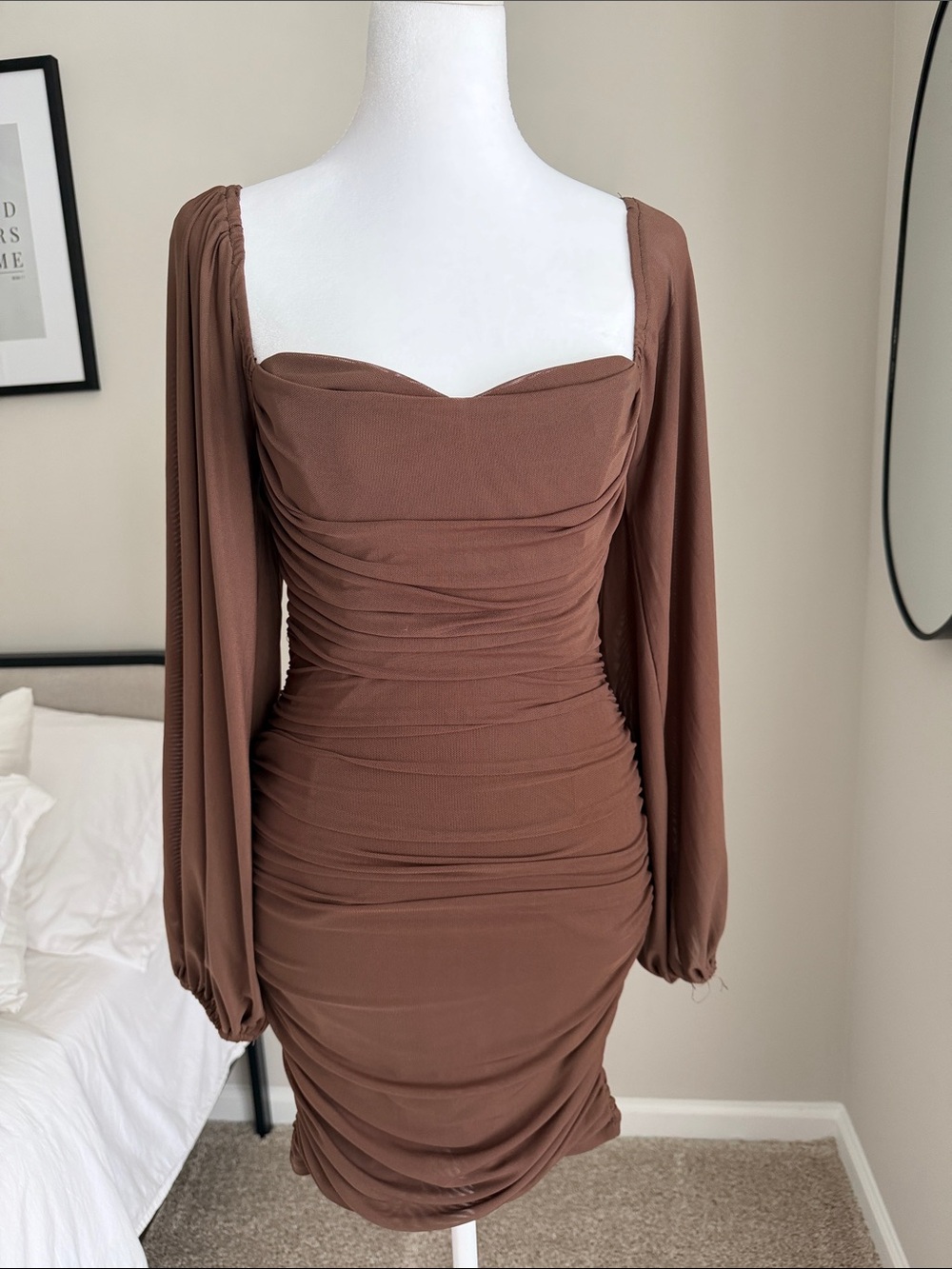 Ruched Brown Long-Sleeve Square Neck Dress